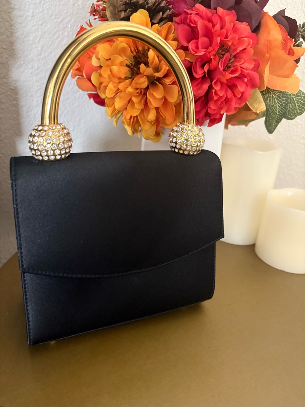Vintage Comeco Black Satin Rhinestone Gold Handle Evening Bag